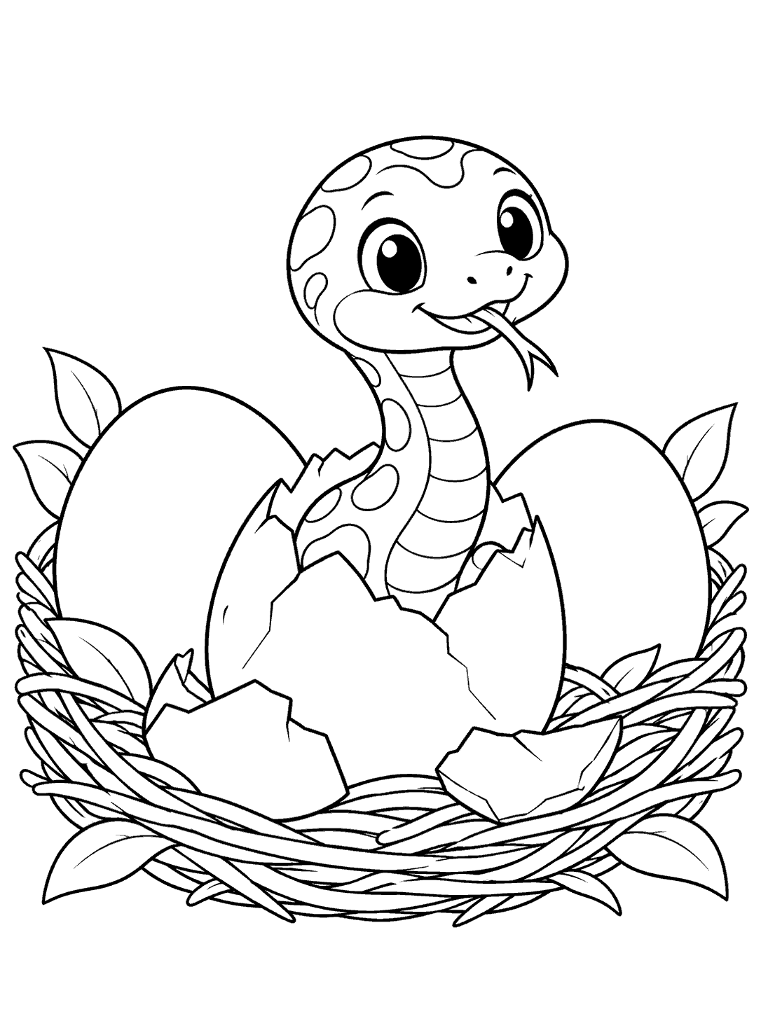 Baby snake hatching among cracked eggshells in a nest coloring page