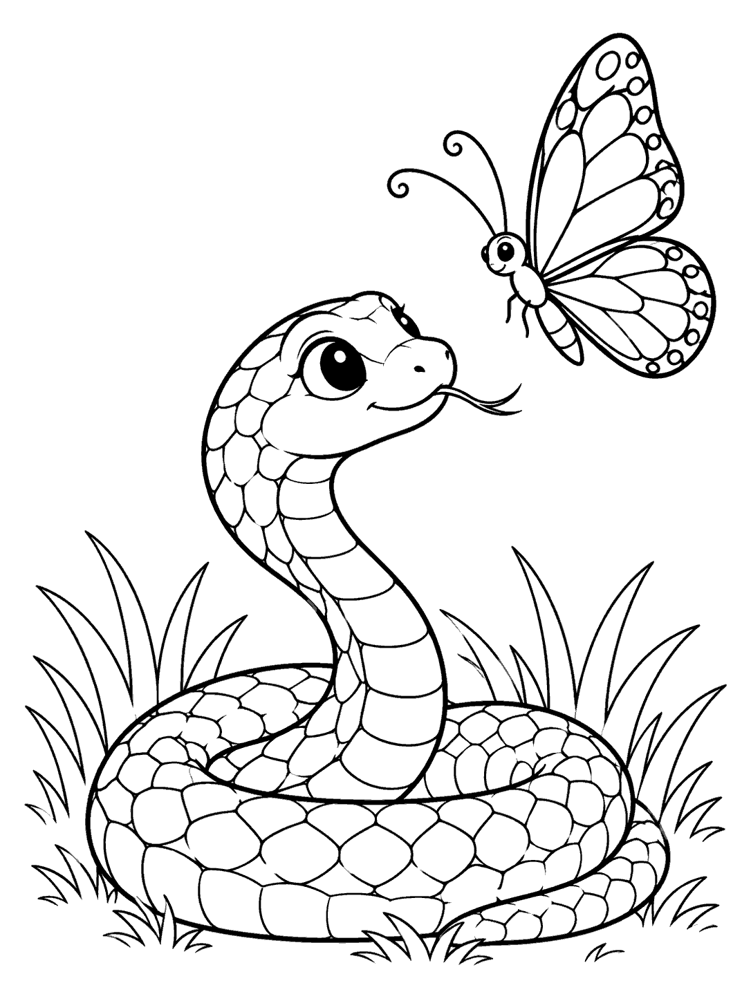 A coiled snake looks up at a butterfly hovering above it, with grass around the bottom.