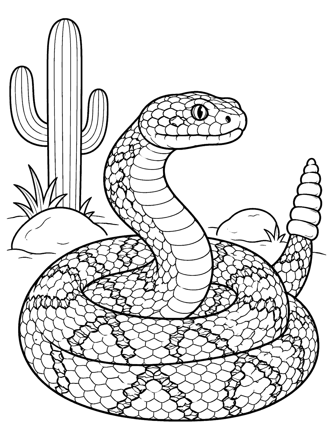 Black-and-white coloring page of a coiled rattlesnake with its head raised and rattle visible, beside a cactus and stones.