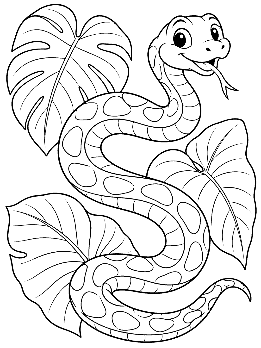 Cheerful snake weaving among three tropical leaves in a coloring page