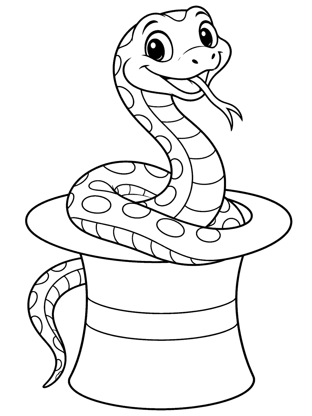 Black-and-white coloring page showing a smiling patterned snake rising from a tall top hat and curling around the brim.