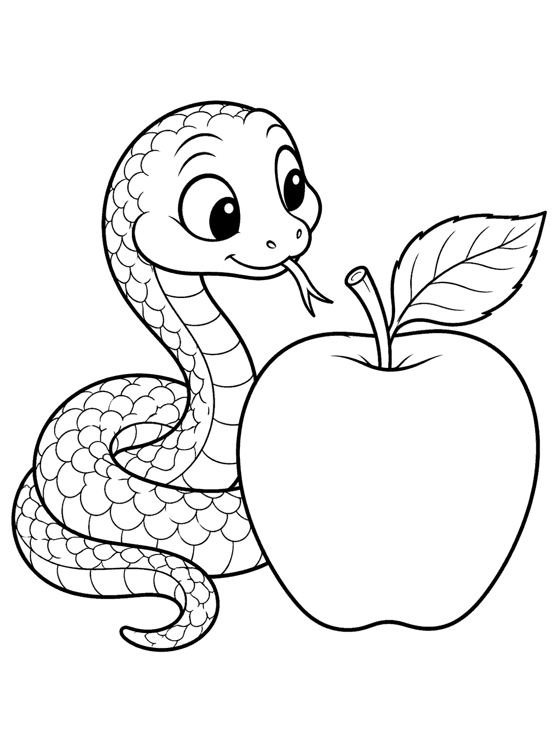 Black-and-white coloring page with a smiling curled snake looking at a large apple with one leaf.