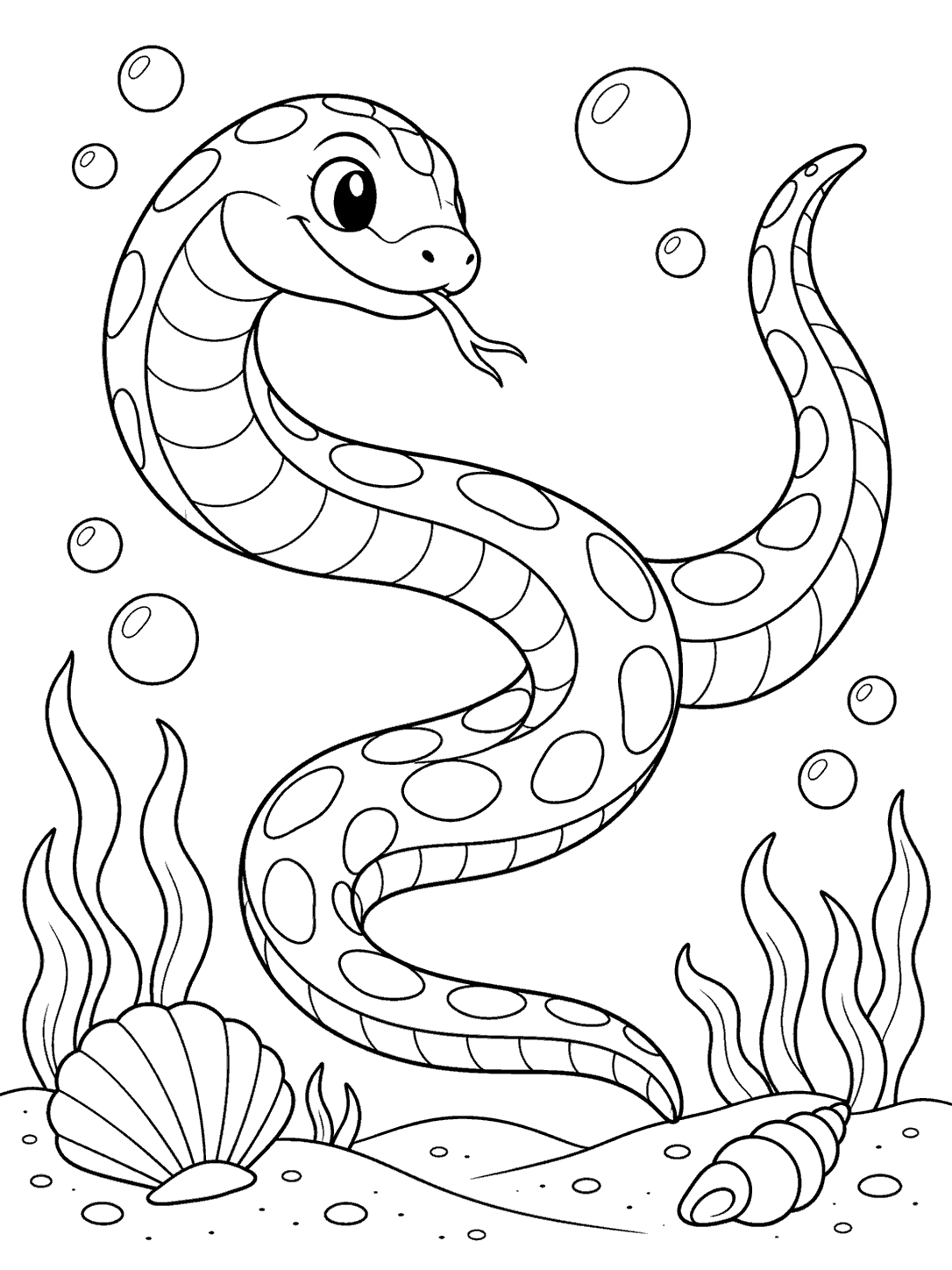 Friendly sea snake swimming above a sandy seabed with bubbles and two shells, in a black-outline coloring page.