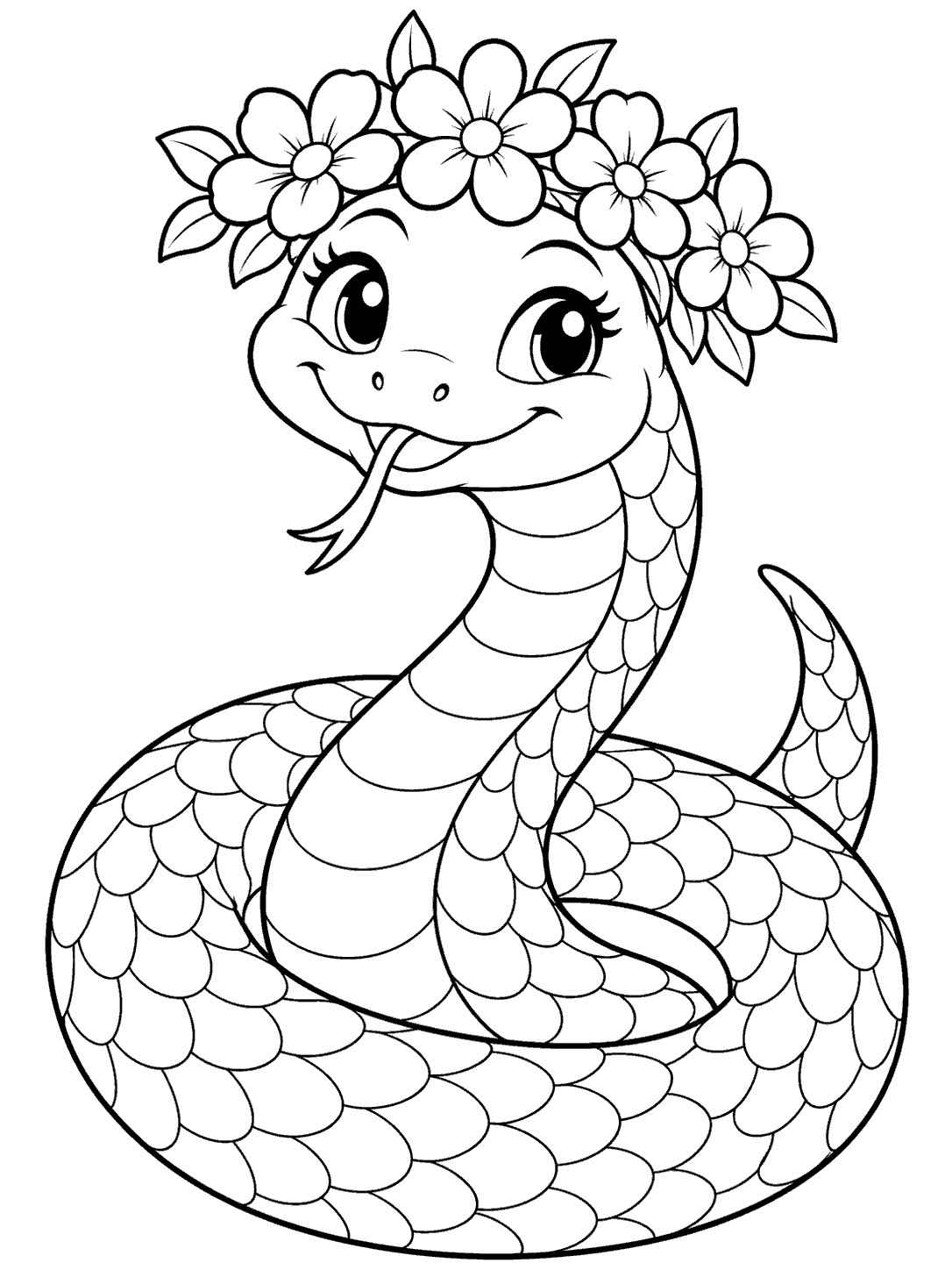 Black and white coloring page of a smiling snake curled in an oval, wearing a flower crown.