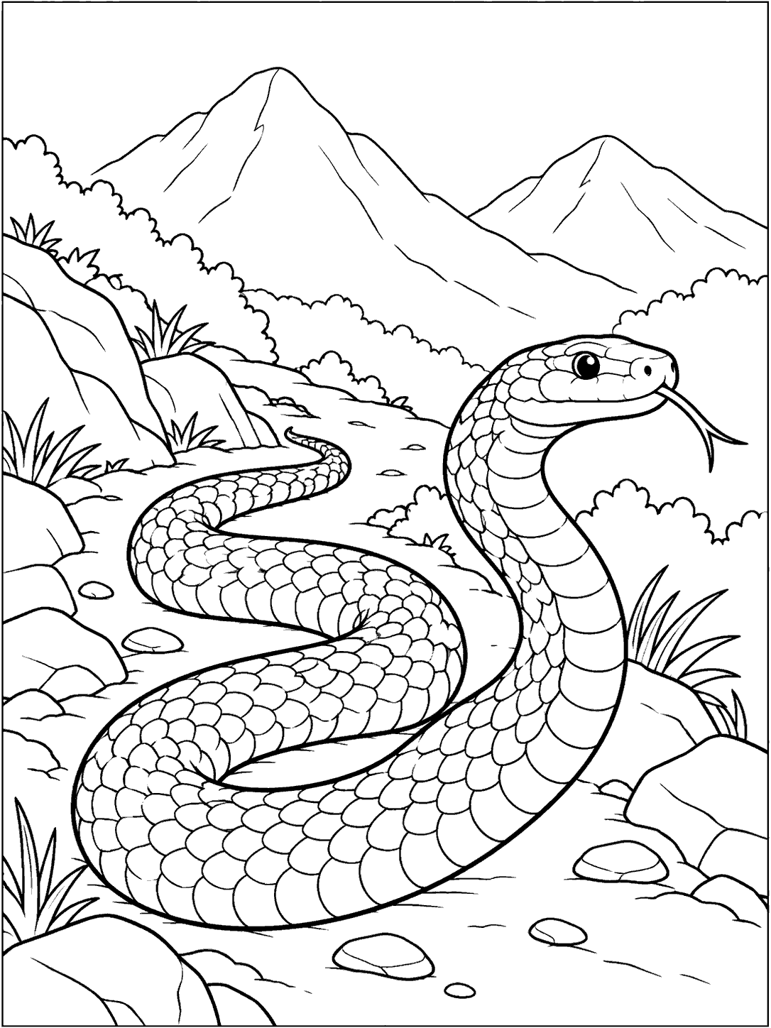 Black-and-white snake winding along a mountain trail, with two peaks and scattered stones.