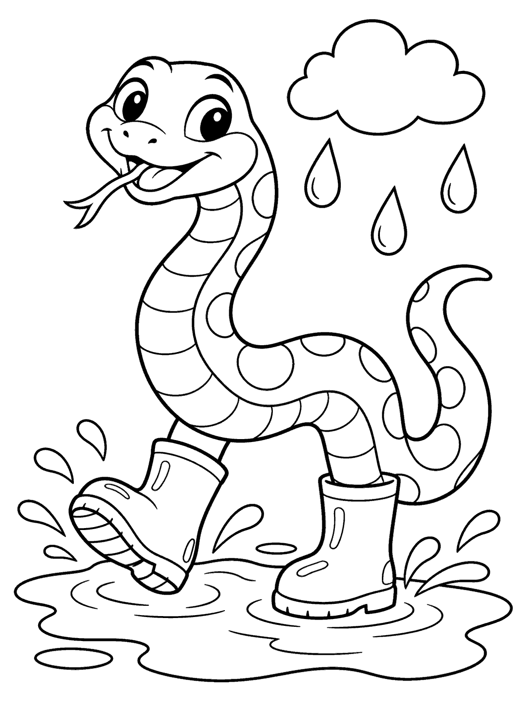Friendly upright snake wearing rain boots and splashing in a puddle beneath a cloud and three raindrops, in a coloring page.