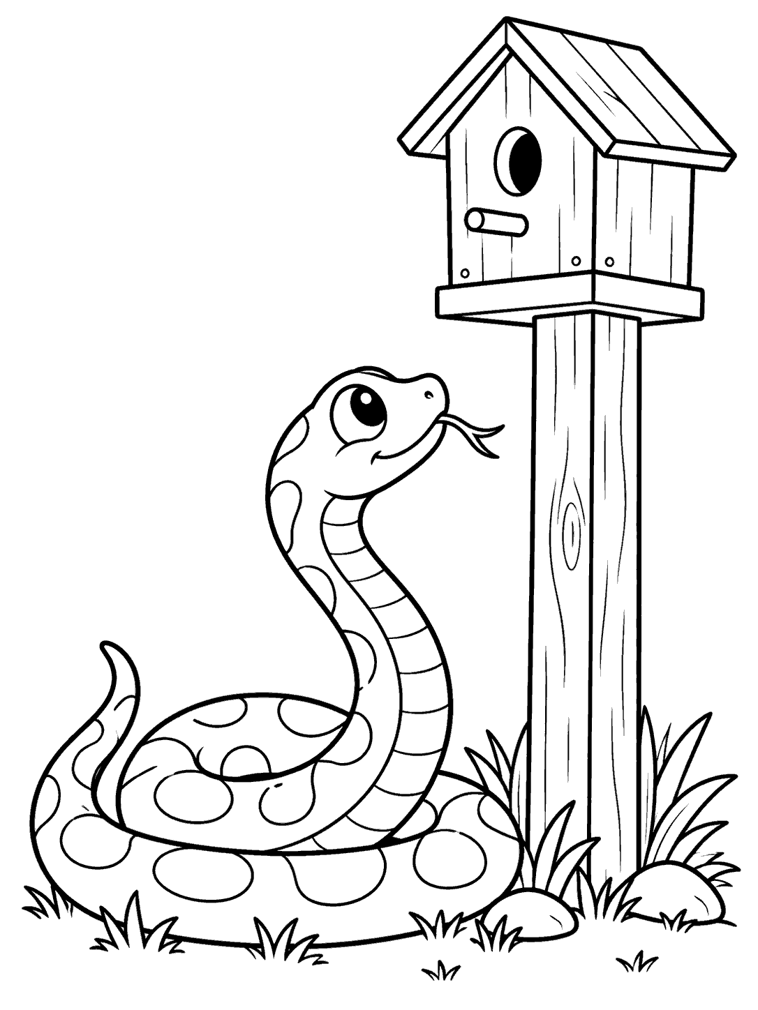 A coiled, spotted snake looks up at a birdhouse on a post, surrounded by a few tufts of grass, in a black-and-white coloring page.