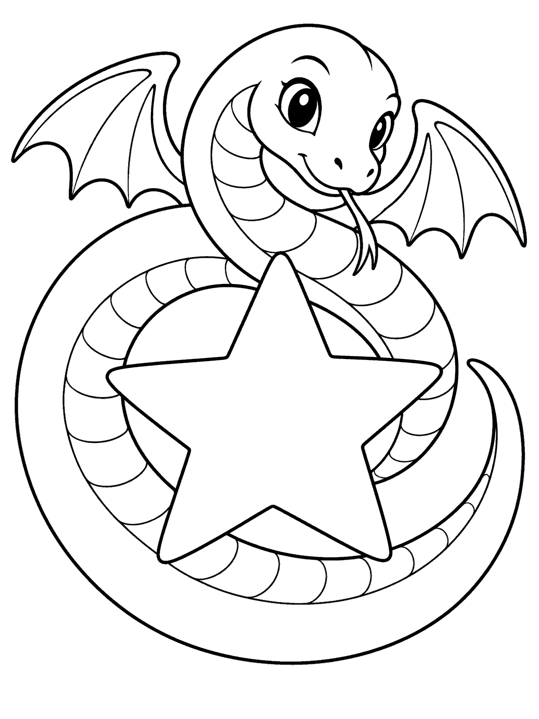 Black-and-white coloring page of a gentle bat-winged snake curled around a large five-point star.