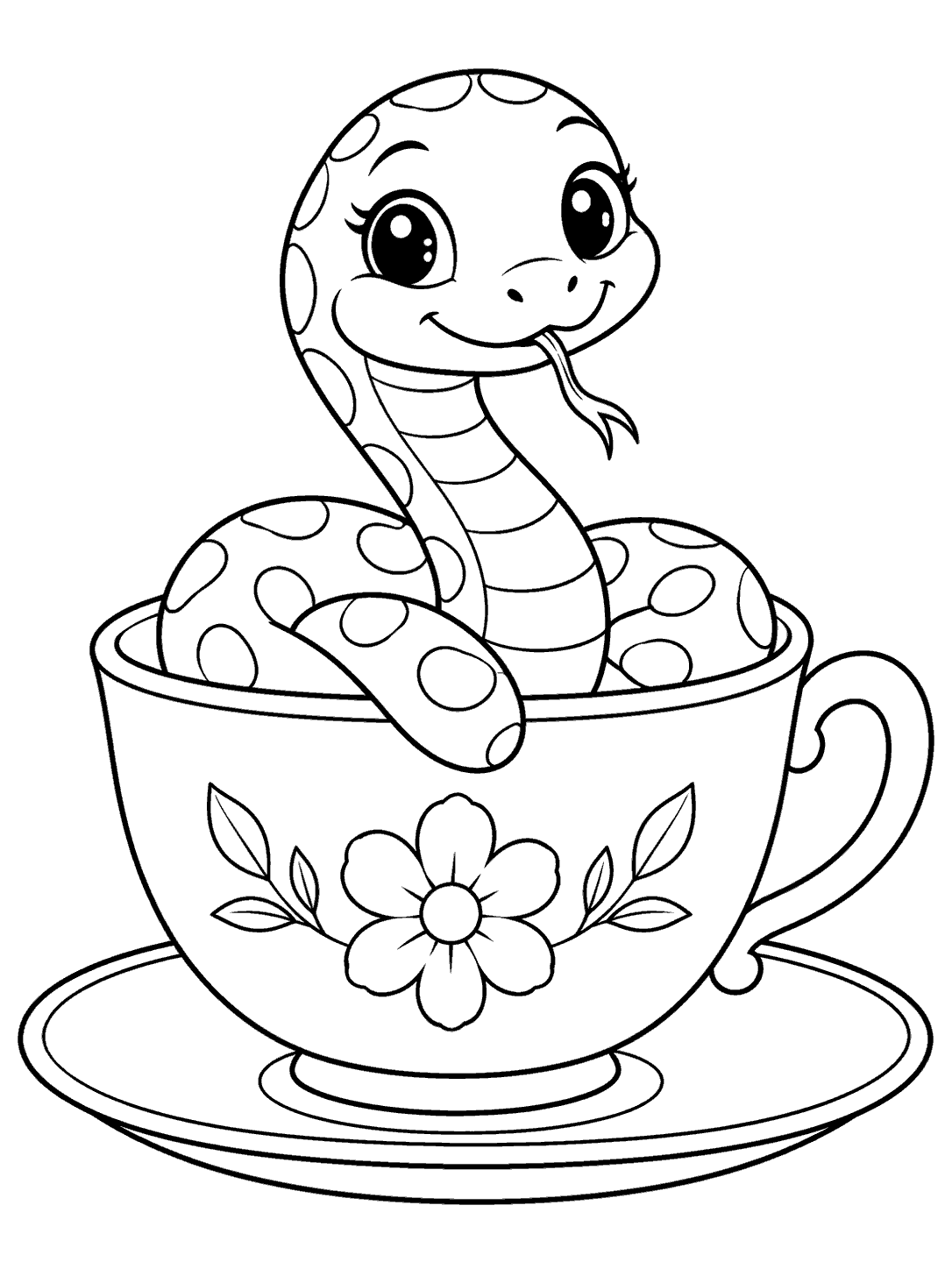 Whimsical snake curled inside a flowered teacup on a saucer, coloring page