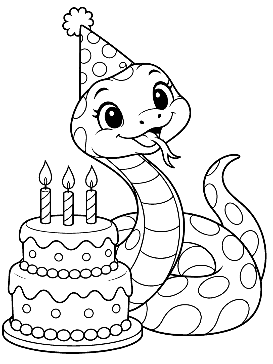 Cheerful party-hat snake curled beside a two-layer birthday cake with three candles, in a black-and-white coloring page.