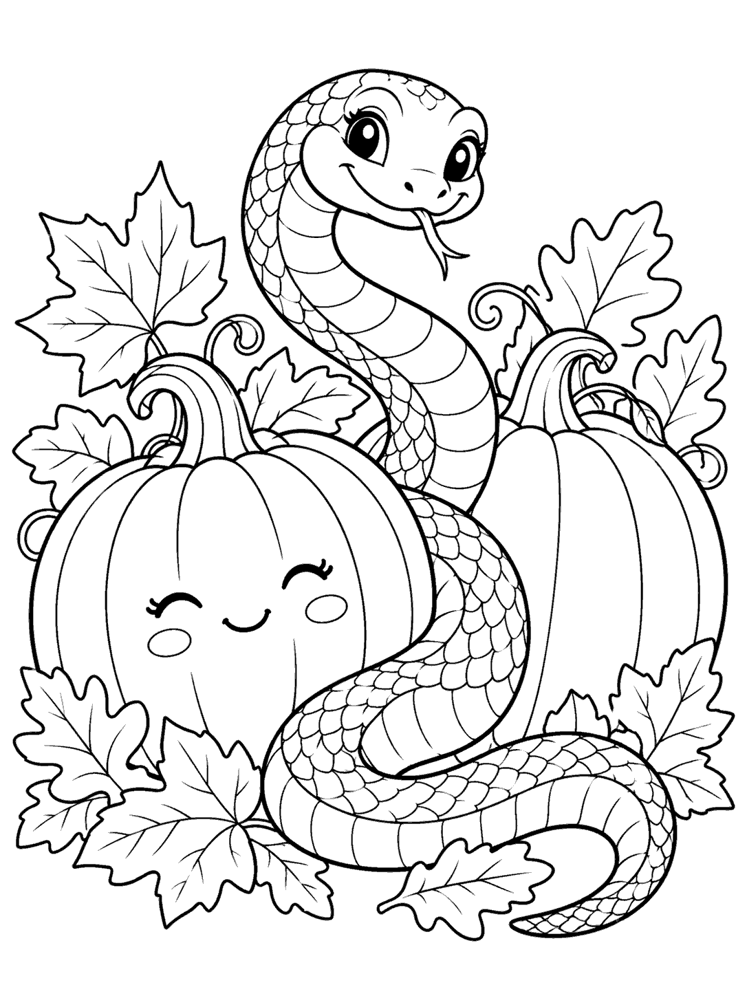 Friendly curved snake with easy scale markings winding between a smiling pumpkin and a plain pumpkin, surrounded by autumn leaves.