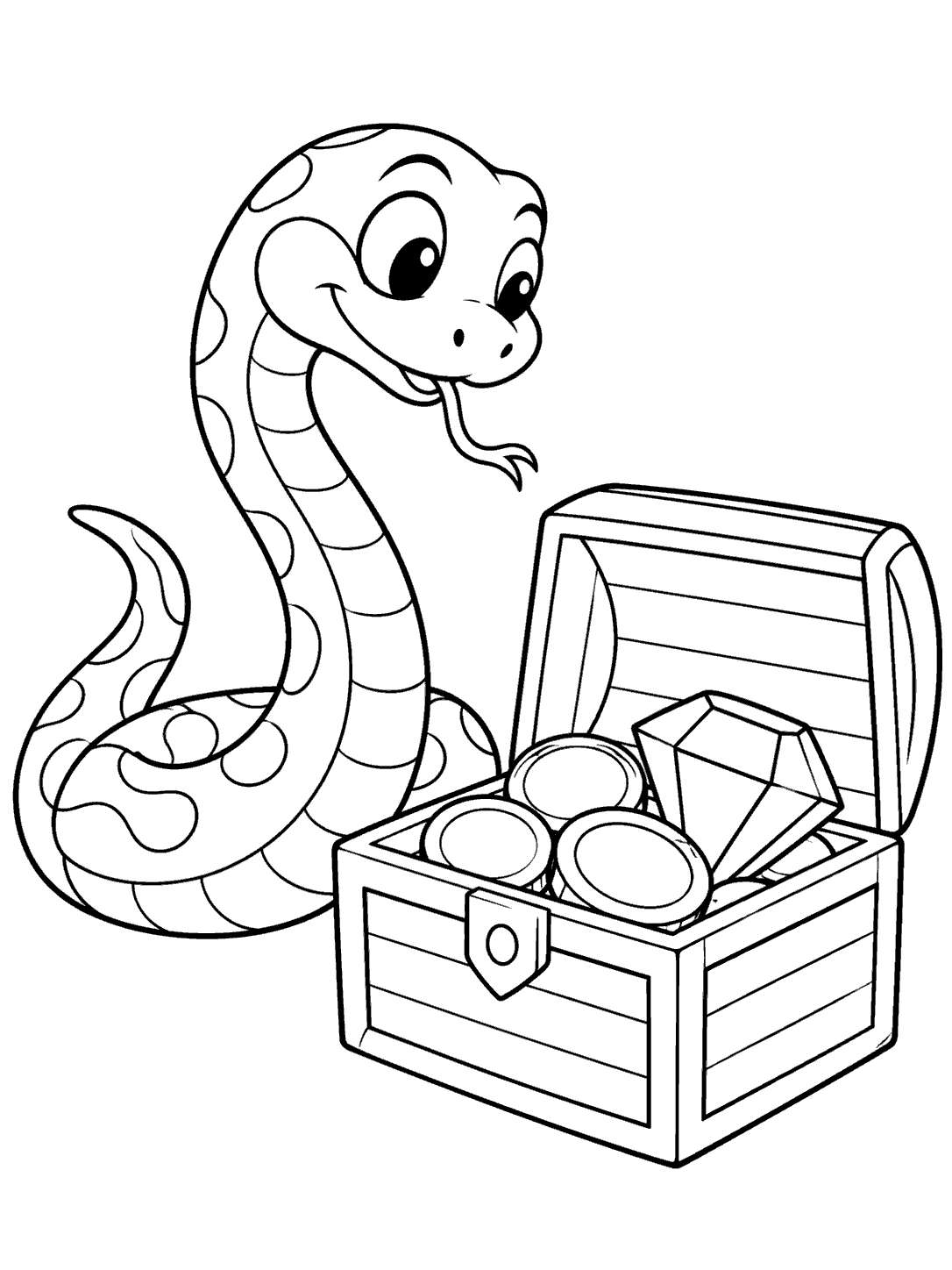 Black outline coloring page of a smiling snake beside an open treasure chest with round coins and a large gem.