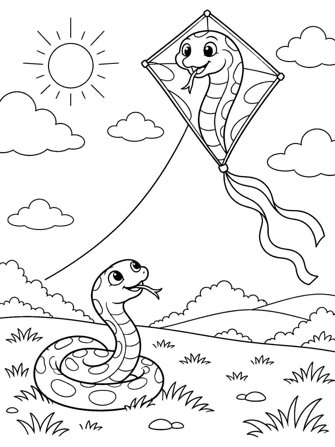 A small snake on the ground looks up at a large diamond-shaped snake kite with a ribbon tail, clouds, sun, and grassy hills.
