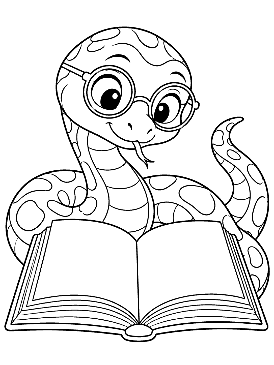 Black and white coloring page of a friendly snake wearing round glasses curled around an open blank book.