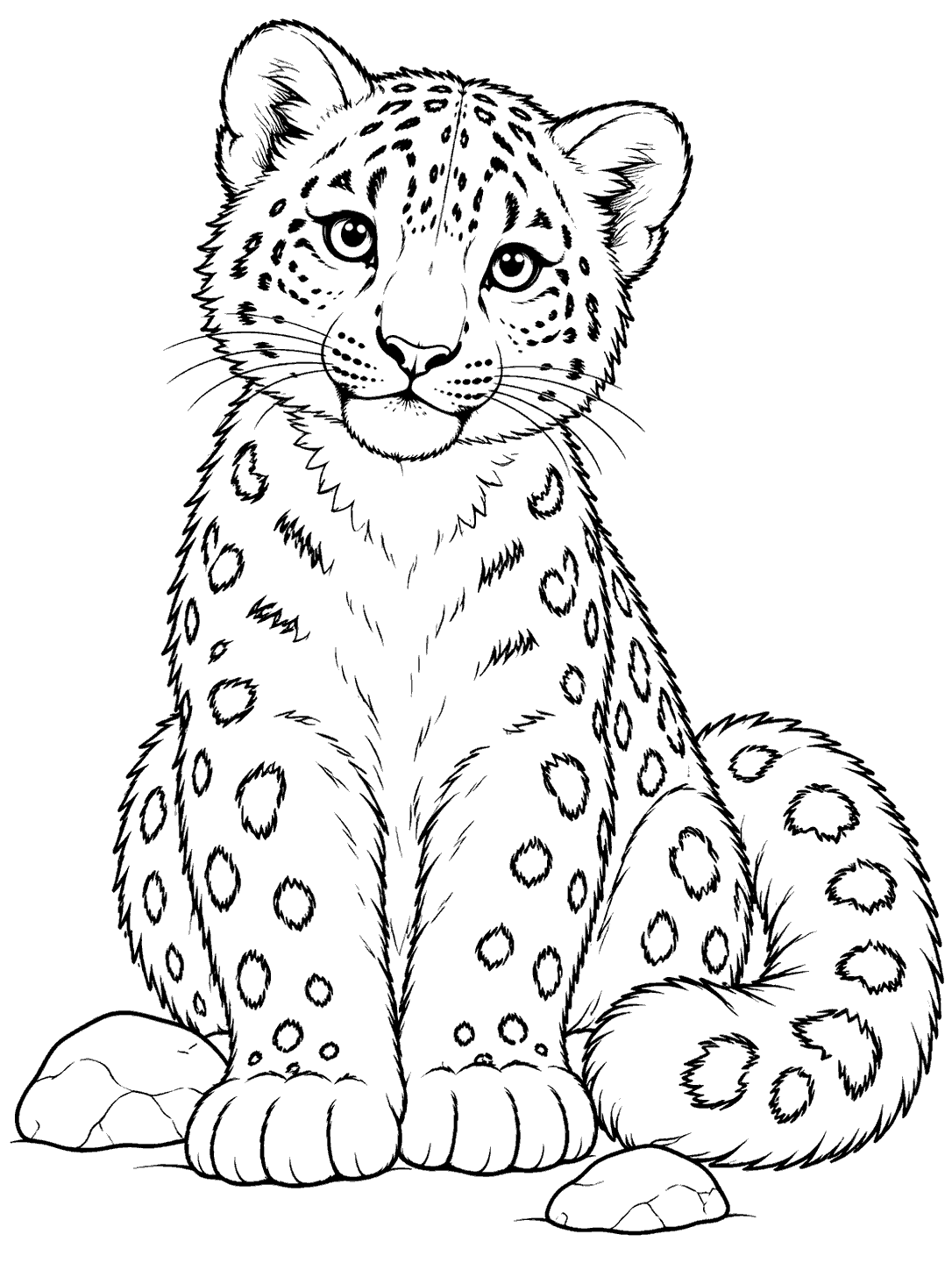 Snow leopard cub with rosette markings, curled tail, and large paws sitting beside two stones coloring page
