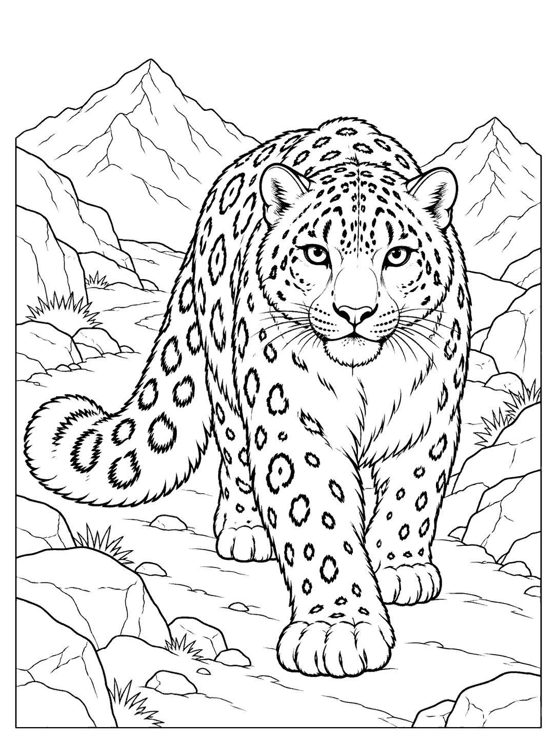 Snow leopard walking through a mountain pass coloring page