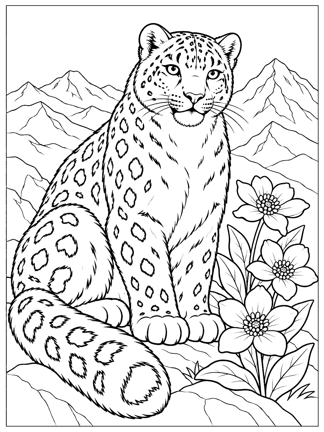 Snow leopard with three alpine flowers and mountain peaks in a printable coloring page