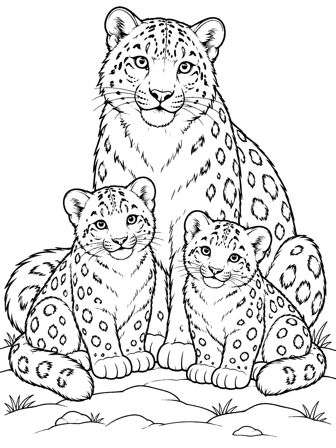 Black and white coloring page of an adult snow leopard sitting behind two cubs, with fluffy tails and rosette markings.