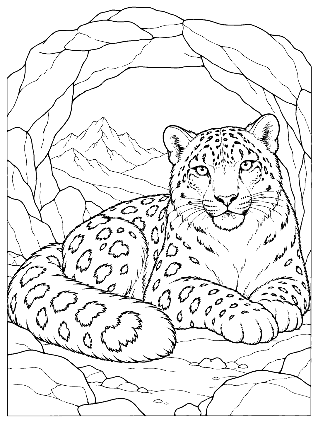 Snow leopard resting at mountain cave entrance coloring page