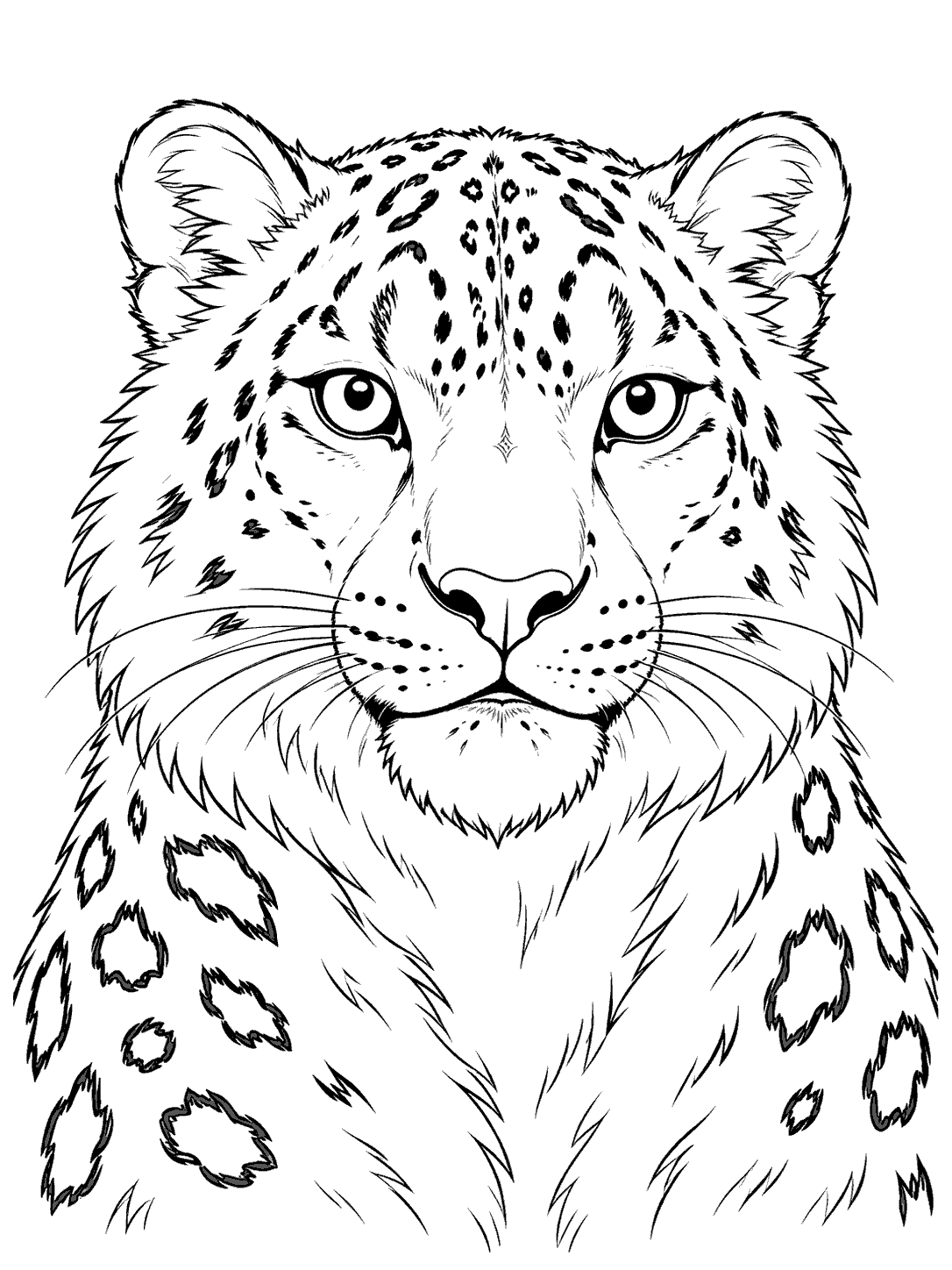 Close snow leopard face portrait coloring page
