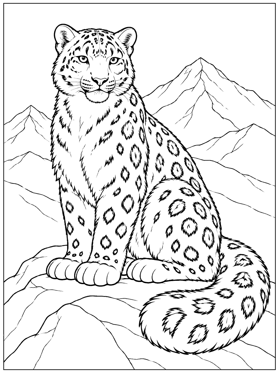 Snow leopard sitting on a rocky summit with layered mountain peaks in the distance, coloring page