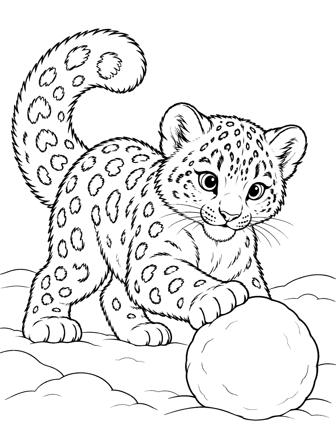 Black-and-white coloring page of a snow leopard cub with a curled tail touching a large snowball with one paw.