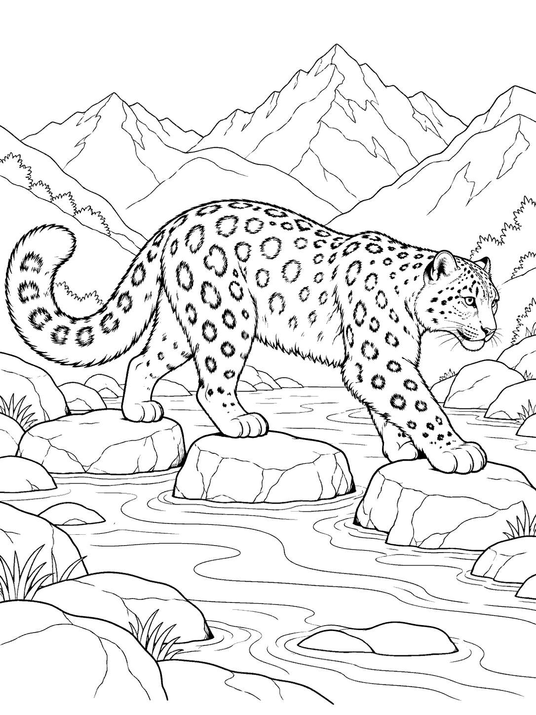 Snow leopard with rosette markings stepping across stream stones, framed by mountain peaks and flowing water lines