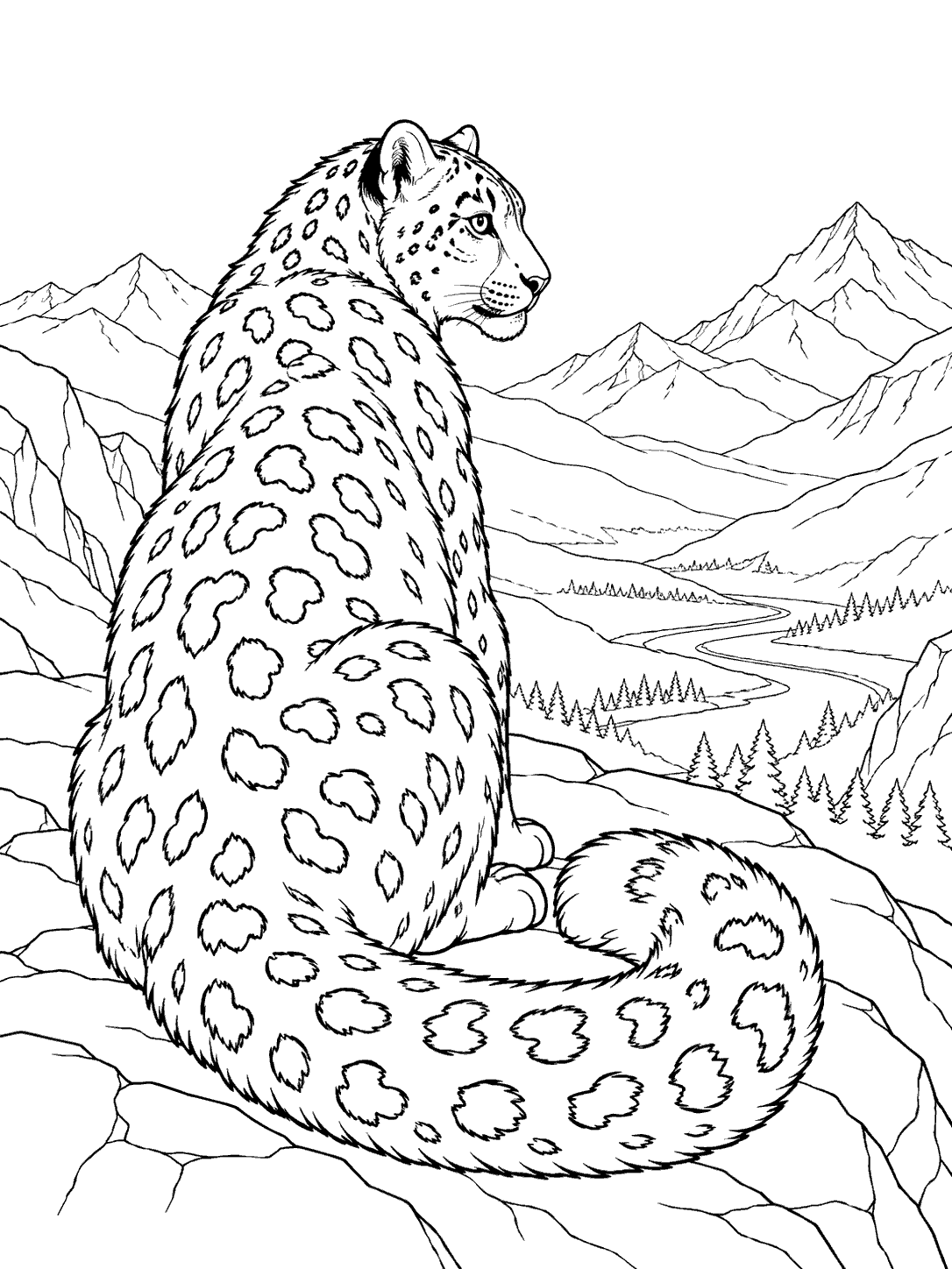 Snow leopard gazing across a mountain valley coloring page
