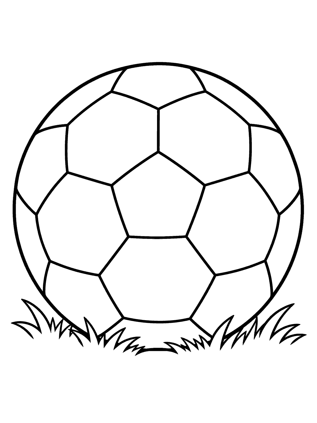 Large paneled soccer ball resting on grass in a printable coloring page.