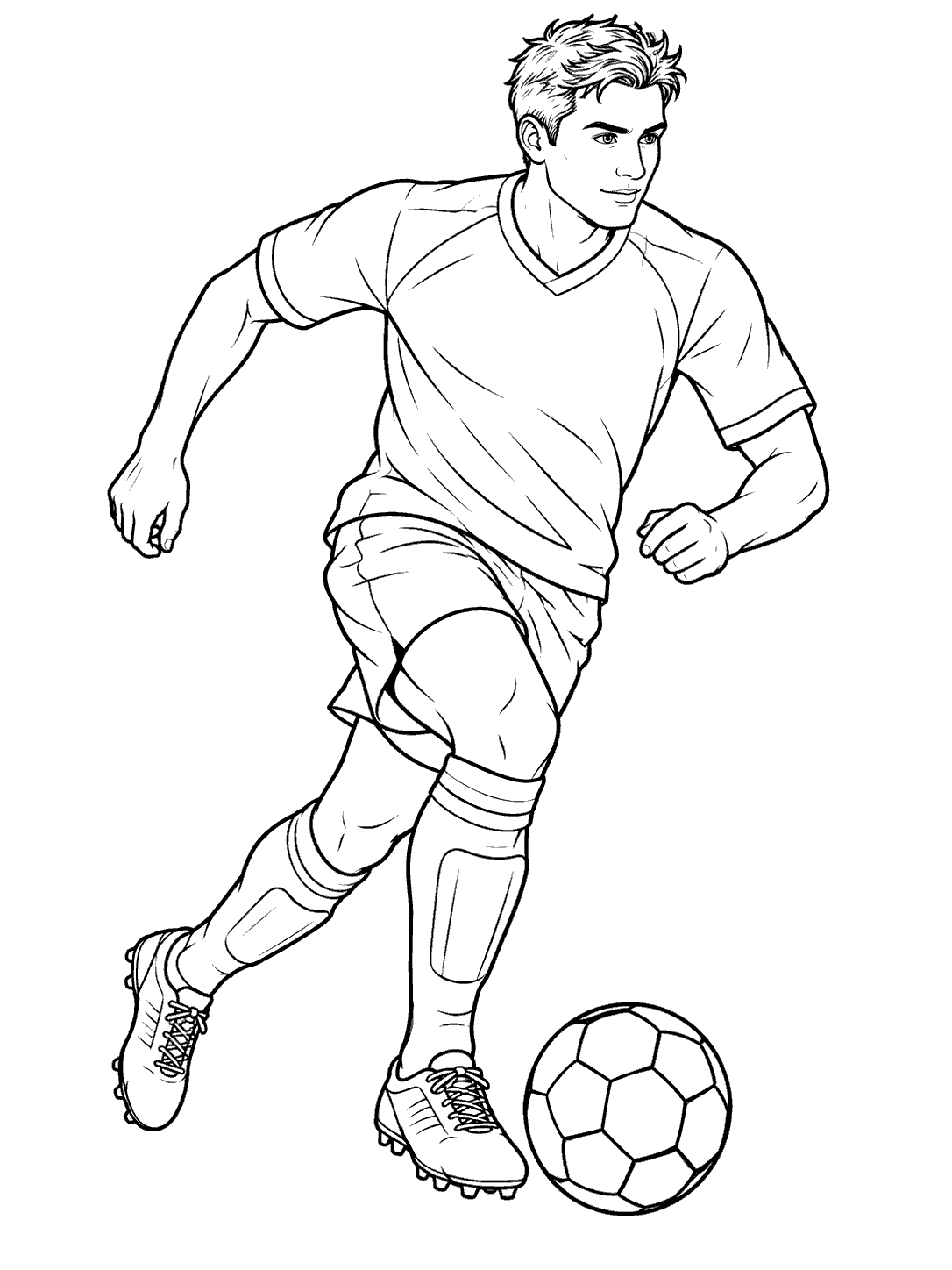Adult soccer player dribbling a soccer ball in a coloring page