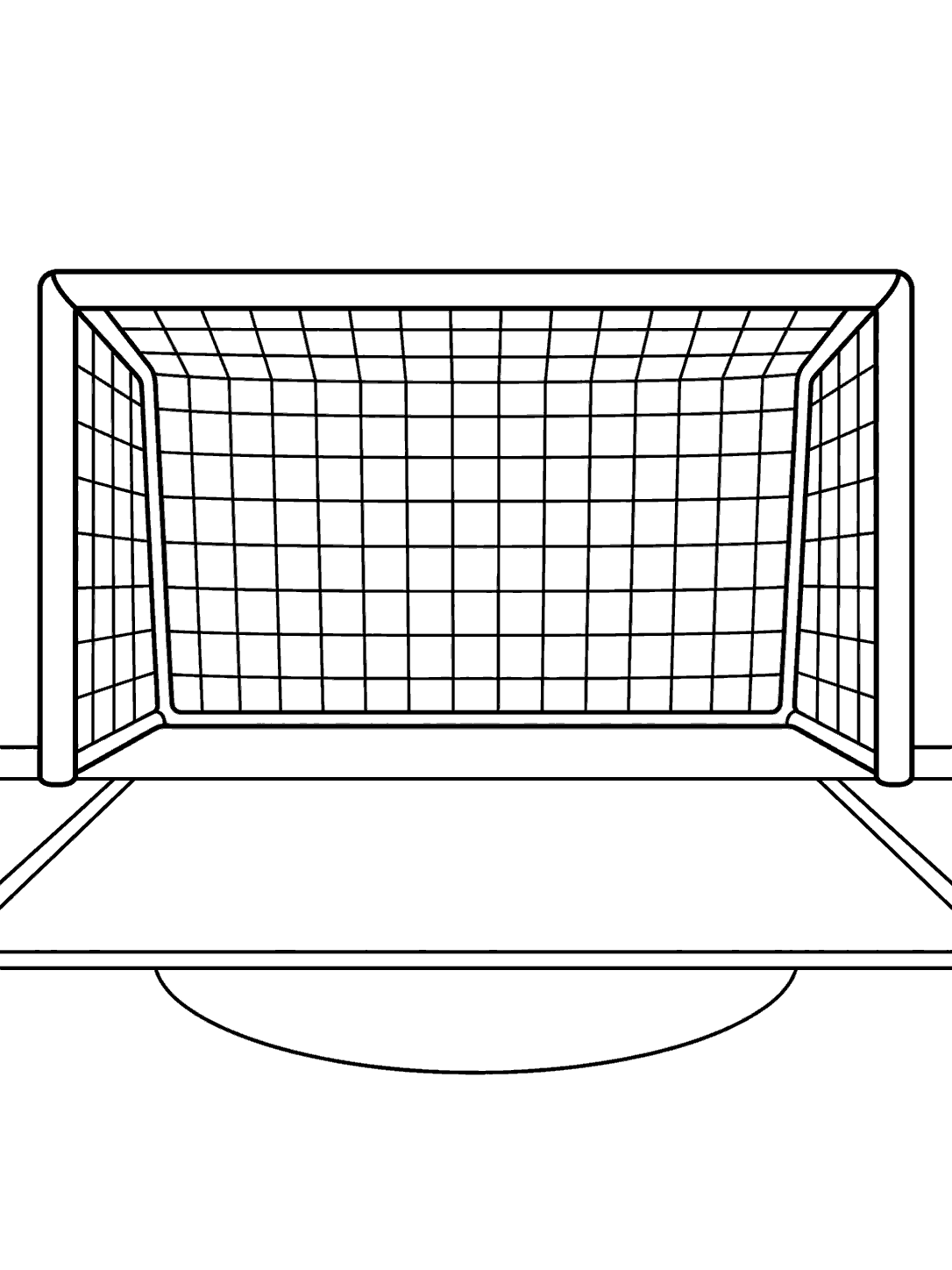 Front-facing soccer goal with a simple net and field lines on a white coloring page