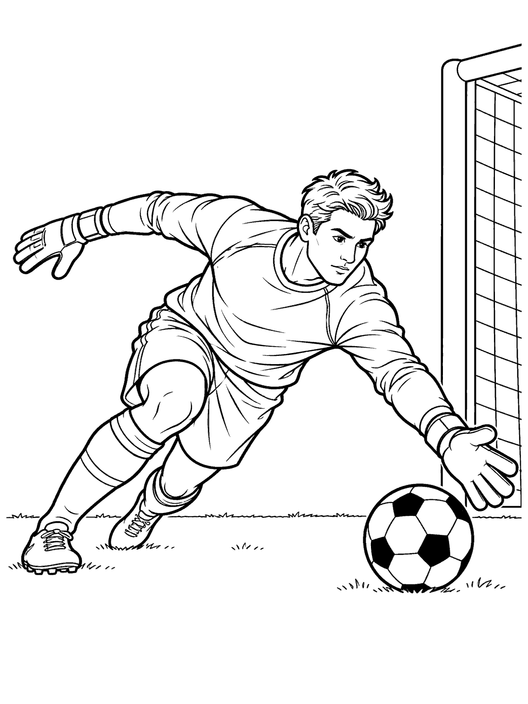 Adult goalkeeper reaching toward a soccer ball beside the goal in a coloring page