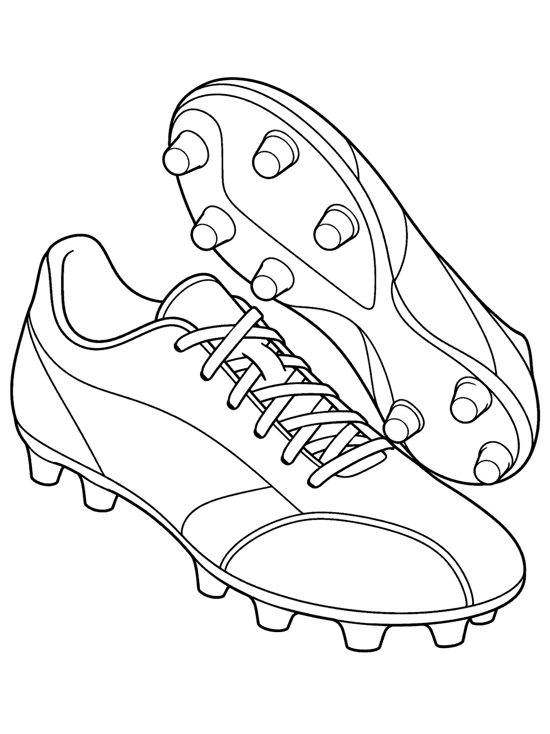 Pair of soccer cleats coloring page, one shown from the side and one from the sole.