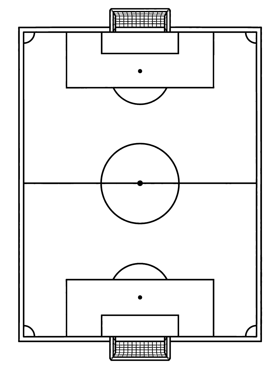 Portrait soccer pitch coloring page showing field markings and goals from overhead