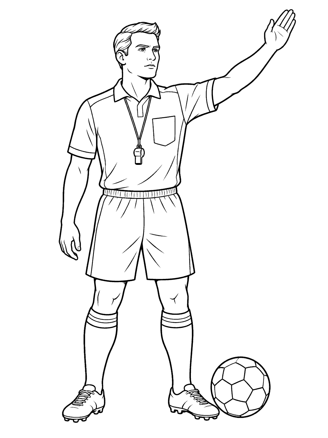 Adult soccer referee signaling beside a soccer ball coloring page