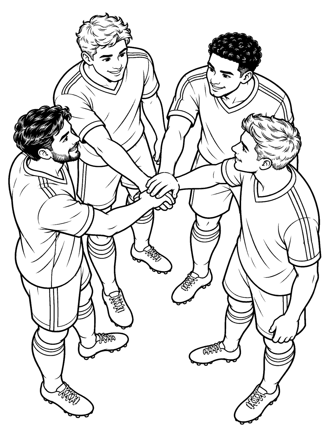 Four adult soccer players in generic uniforms meeting hands in a huddle, coloring page