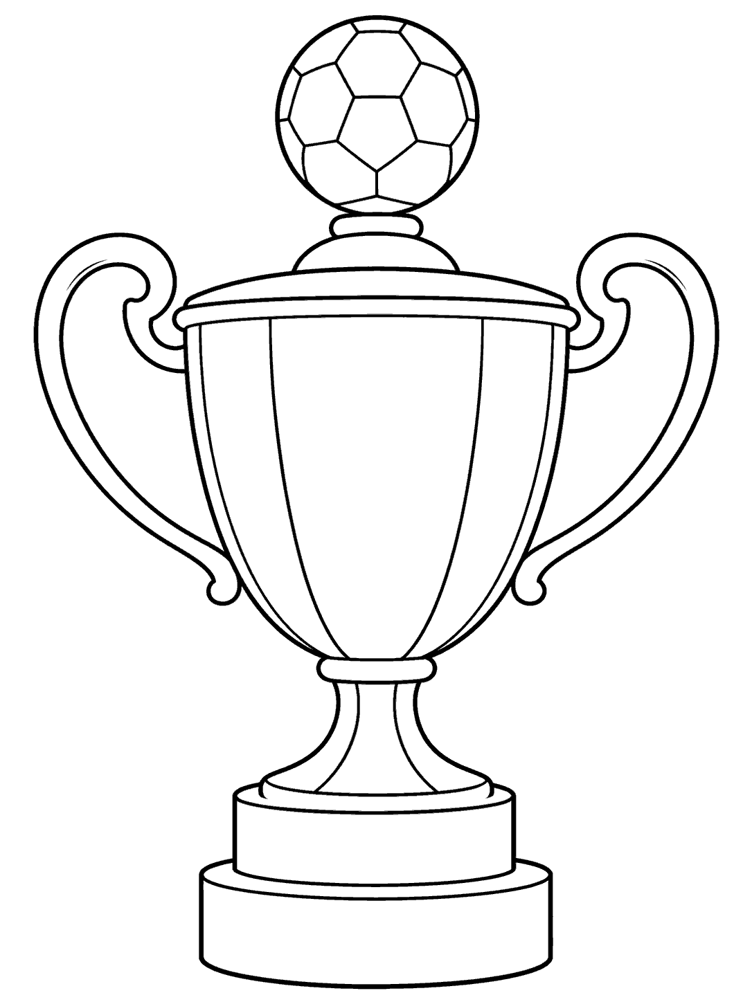 Soccer cup trophy coloring page with curled handles, a soccer ball ornament, and a two-tier base.