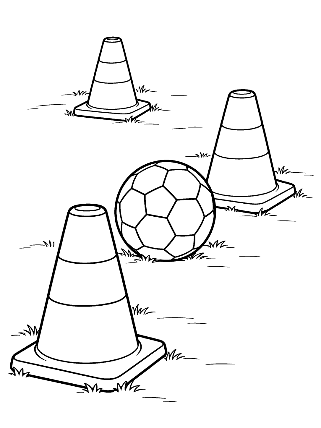Soccer ball and three training cones coloring page