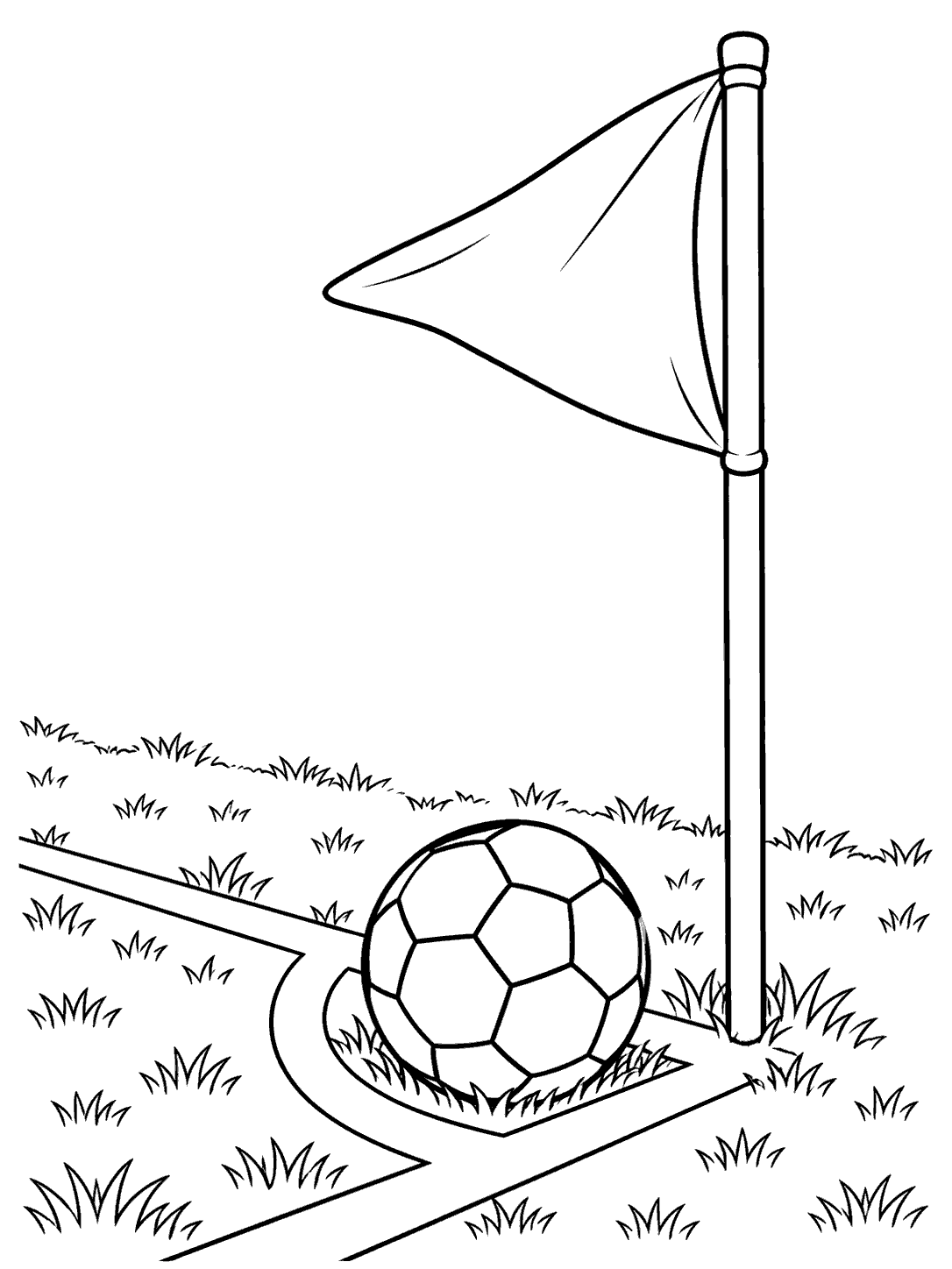 Soccer ball inside a corner arc beside a triangular flag on a grassy field.