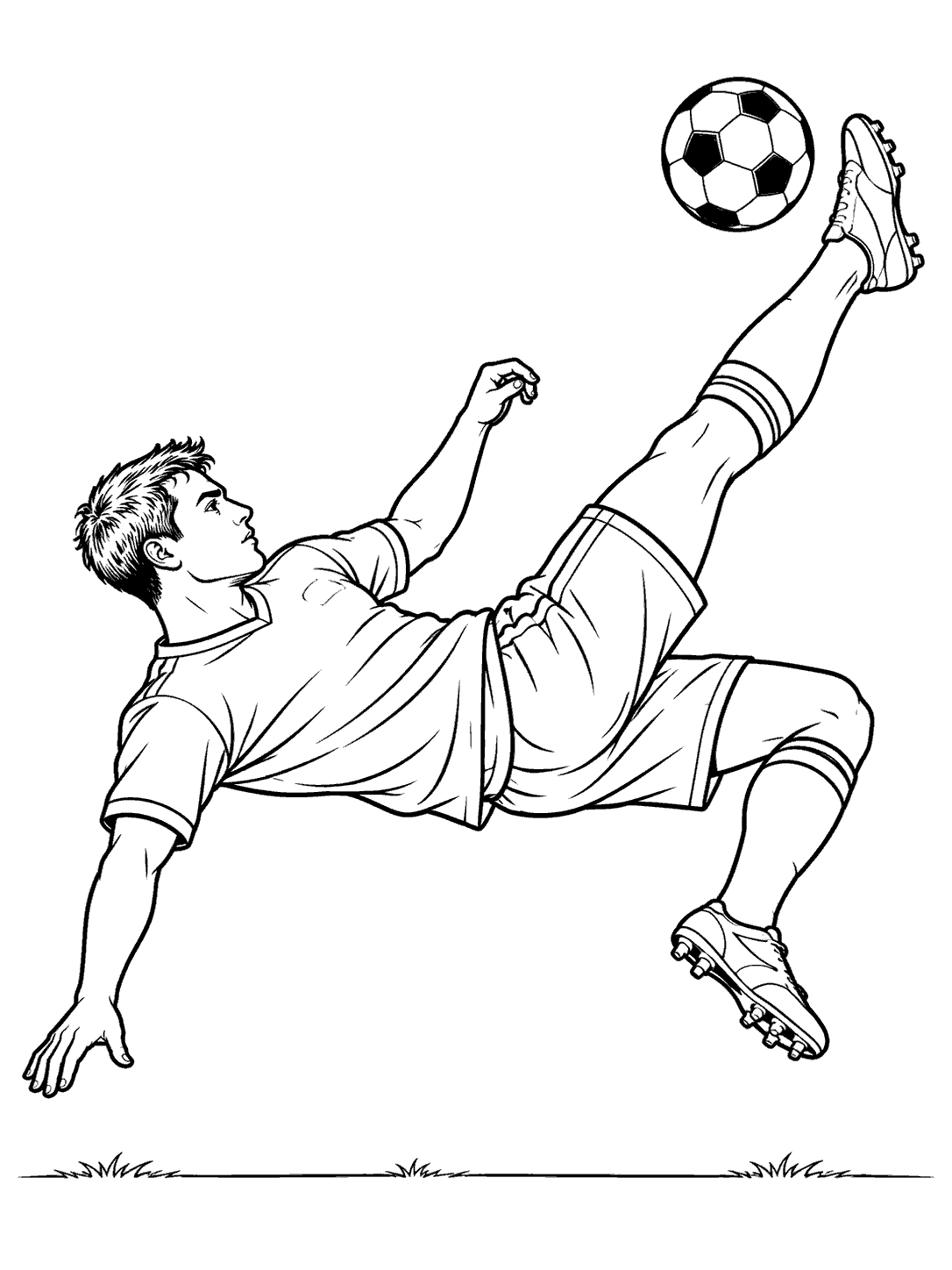 Adult soccer player in uniform airborne in a bicycle-kick pose beside a soccer ball, with a simple ground line, in a black-and-white coloring page.
