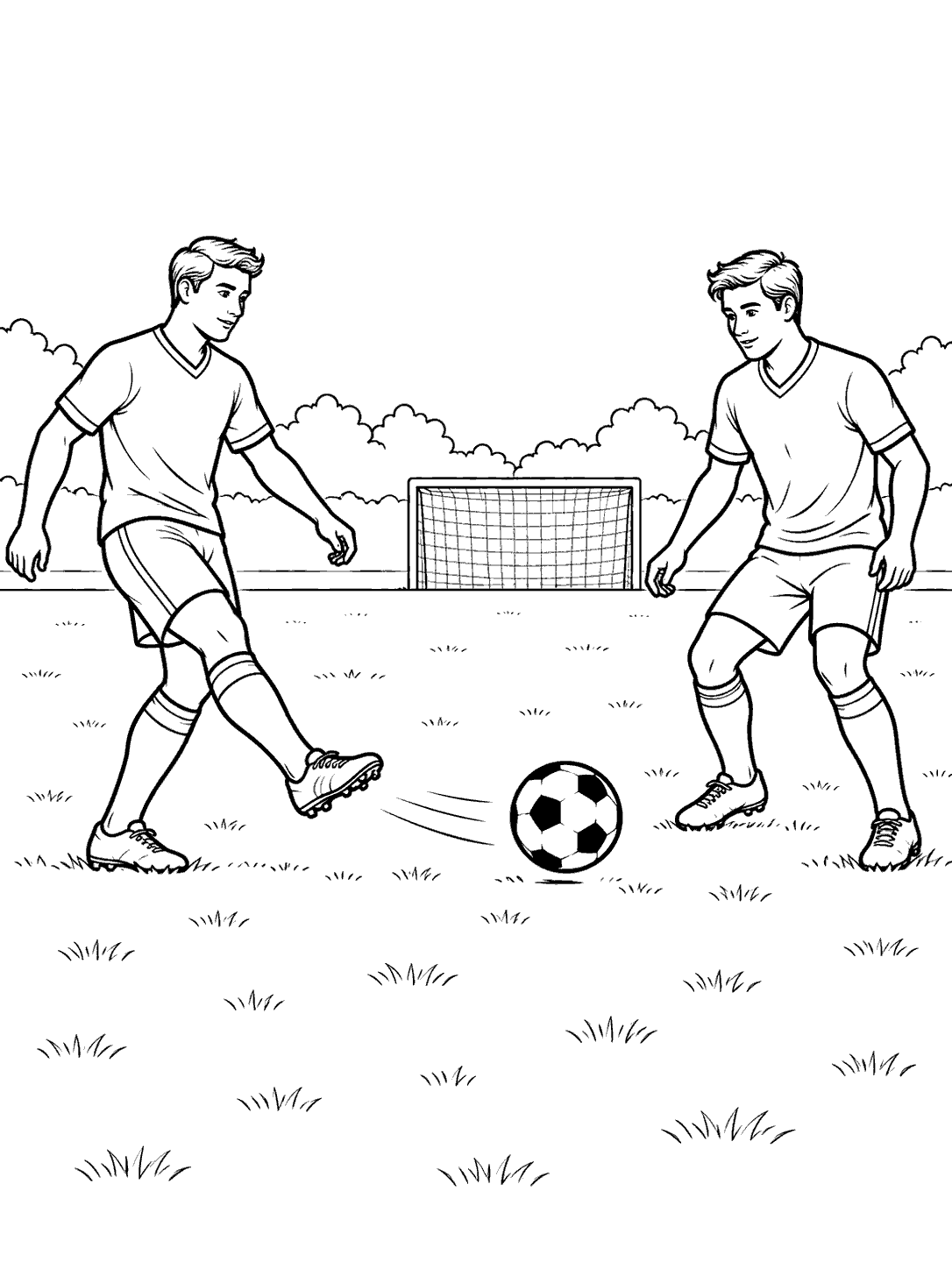 Two adult soccer players passing a ball on a field in a black-and-white coloring page.