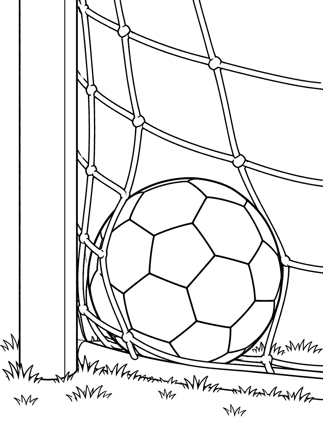 Soccer ball nestled in a goal net beside a goalpost, with grass below, in a black-and-white coloring page.