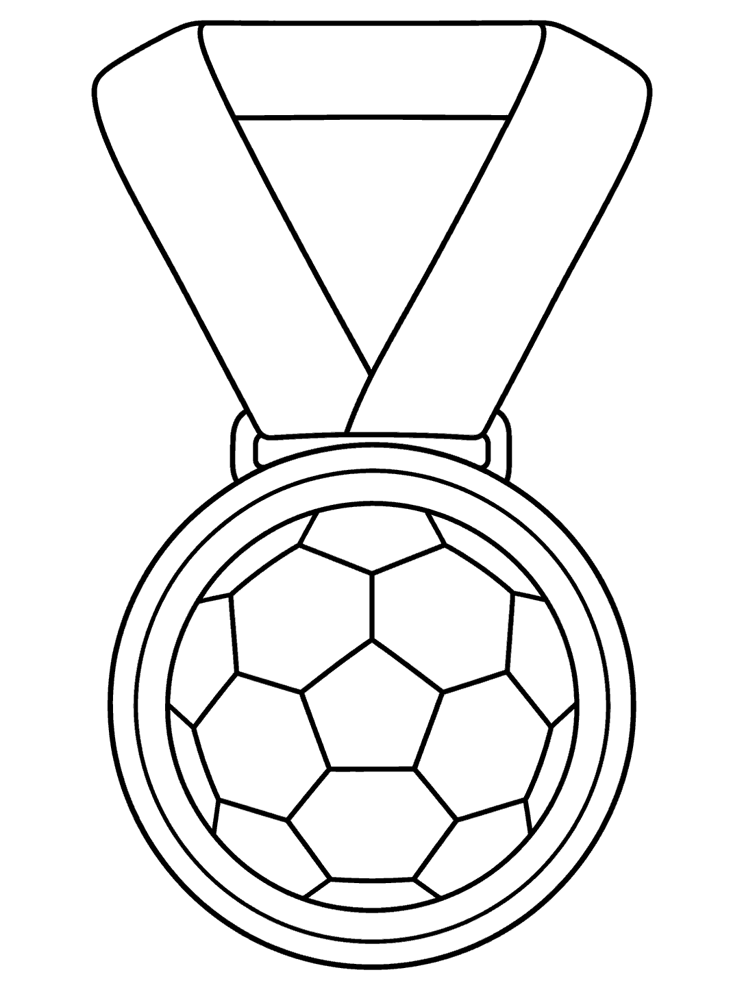 Printable coloring page of a large medal with a soccer ball design and wide ribbon