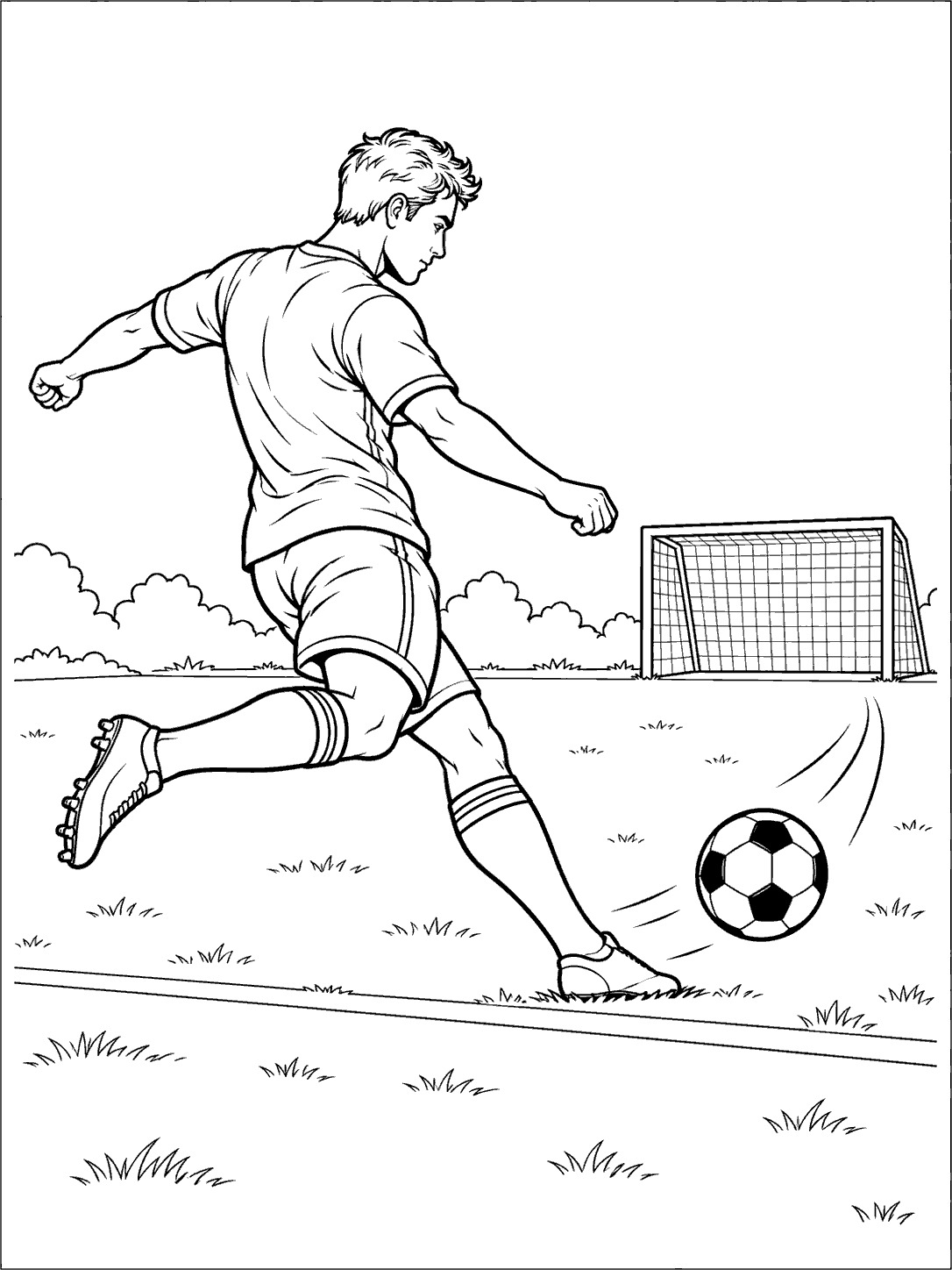 Soccer player kicking a ball toward an empty goal on a field coloring page