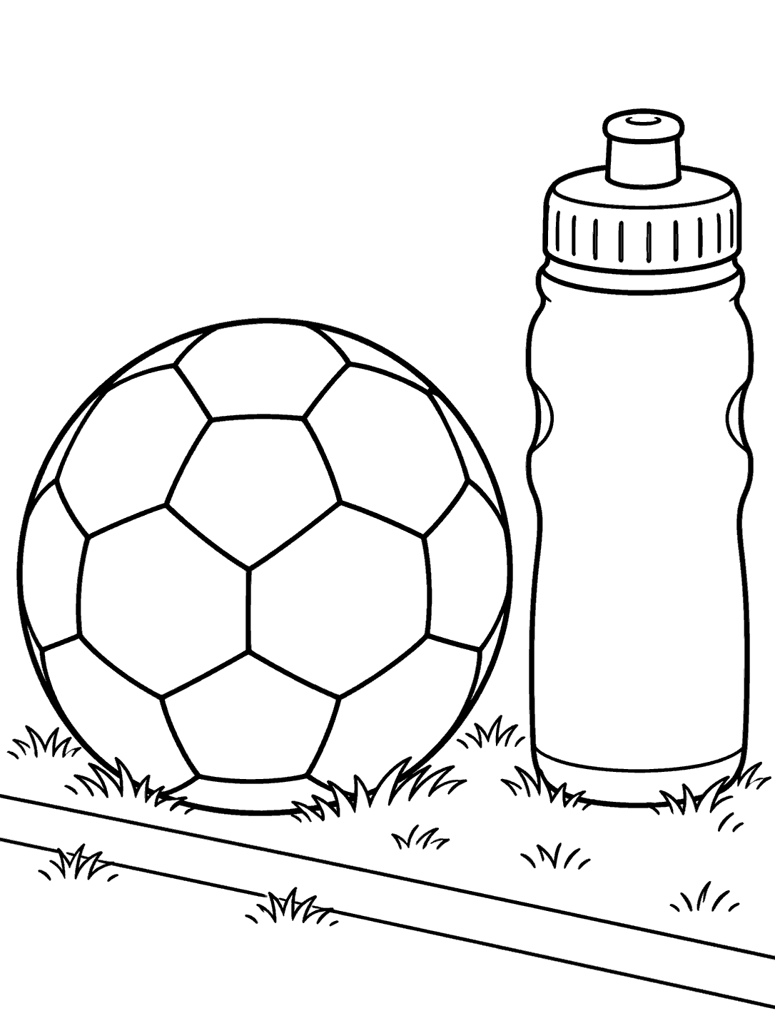 Printable black-and-white coloring page with a large soccer ball and sports water bottle on a grassy sideline.