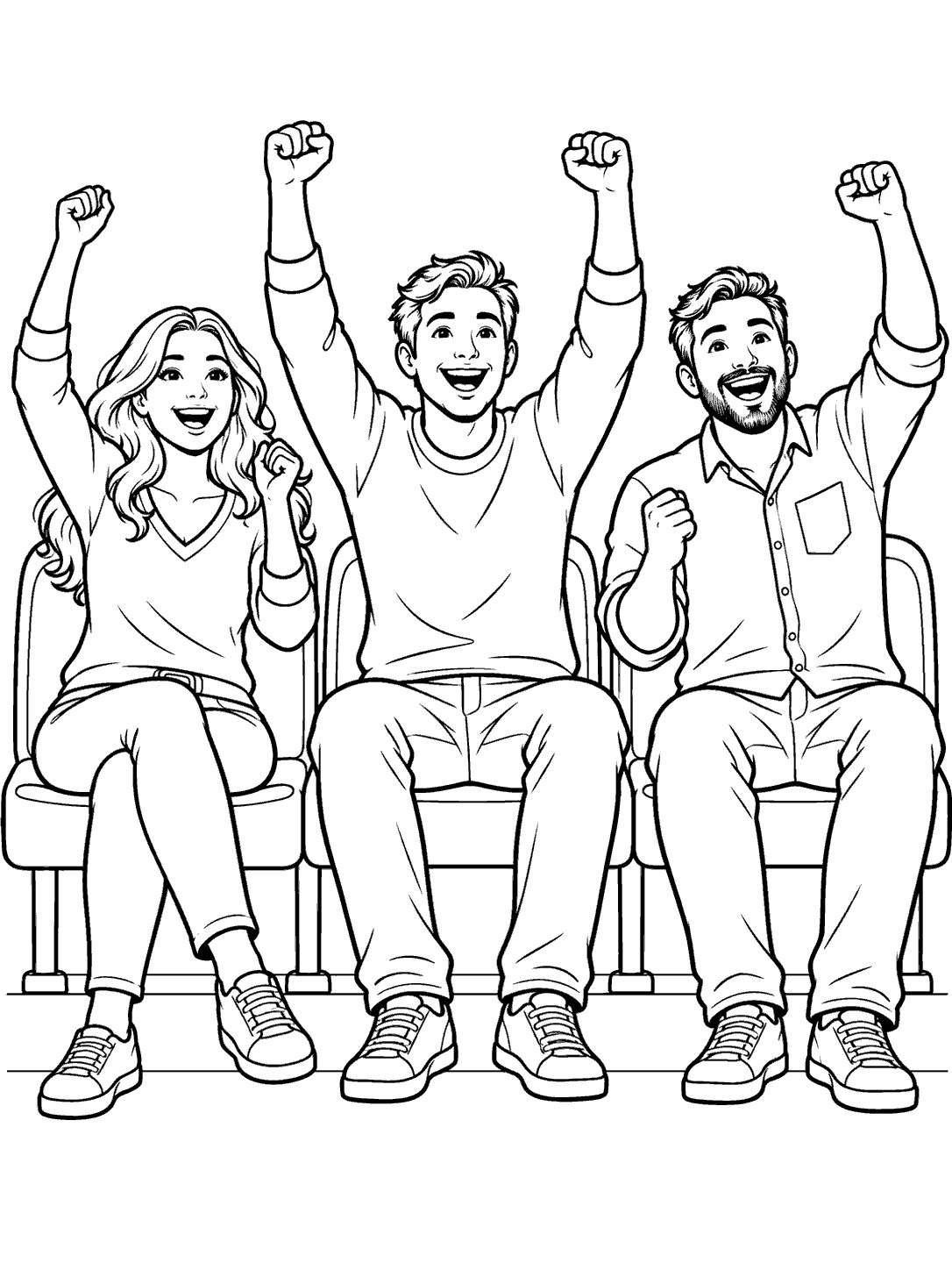 Three adult soccer fans cheering in a printable coloring page