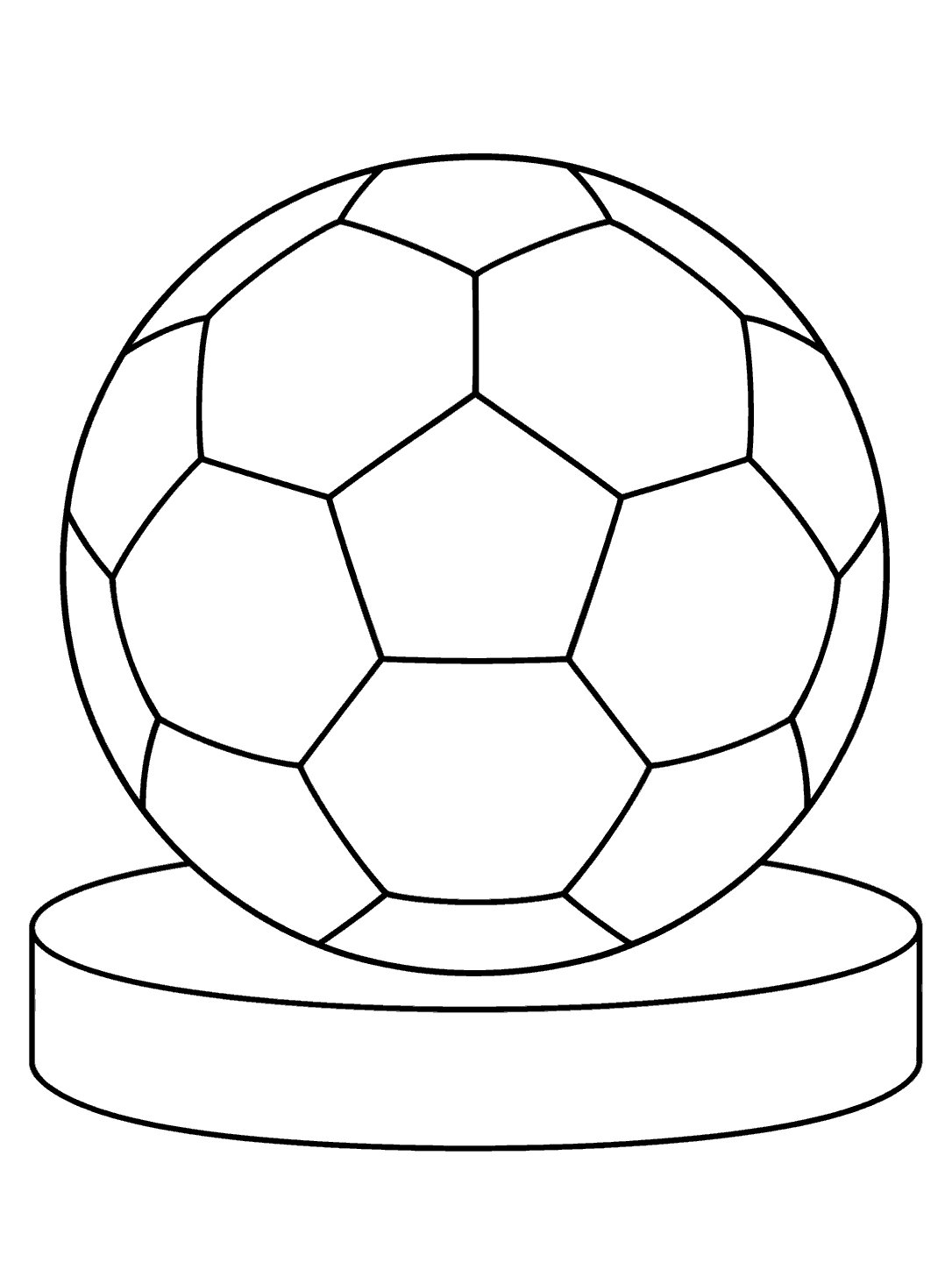 Black outline coloring page of a paneled soccer ball resting on a circular pedestal with broad open shapes and white margins.