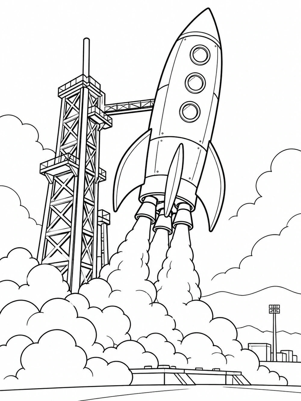 Black-and-white coloring page showing a rocket lifting off beside a launch tower, surrounded by clouds of exhaust.