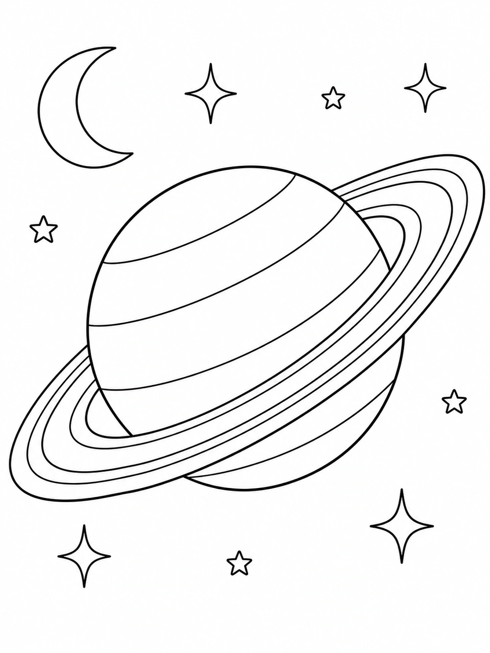 Black-and-white space coloring page featuring a large ringed planet, crescent moon, and simple stars.