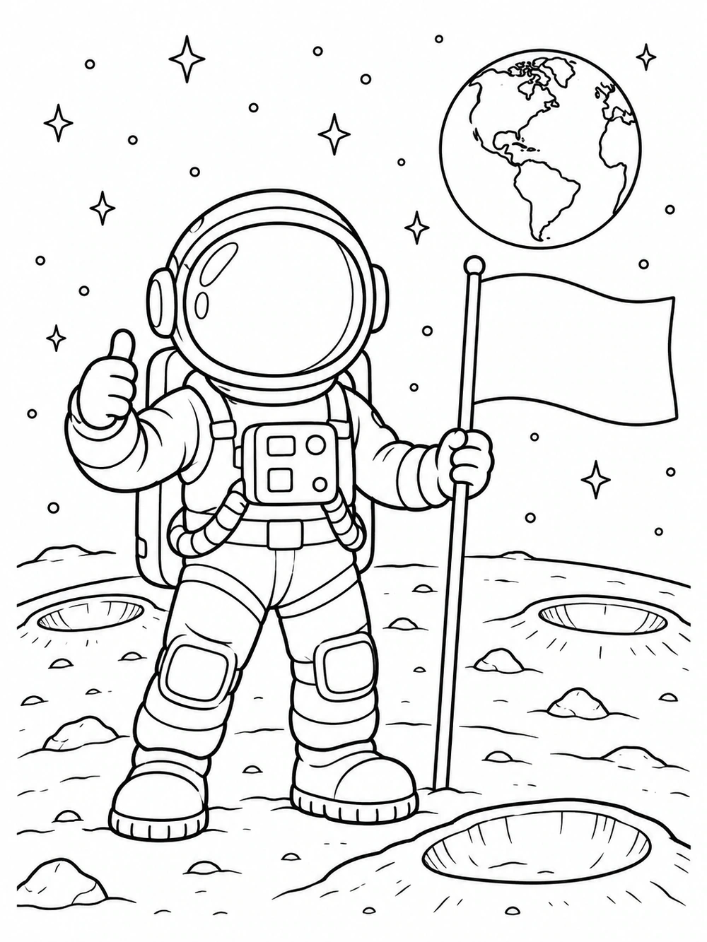 Friendly astronaut in a spacesuit holding a blank flag on the moon, with Earth in the sky, coloring page